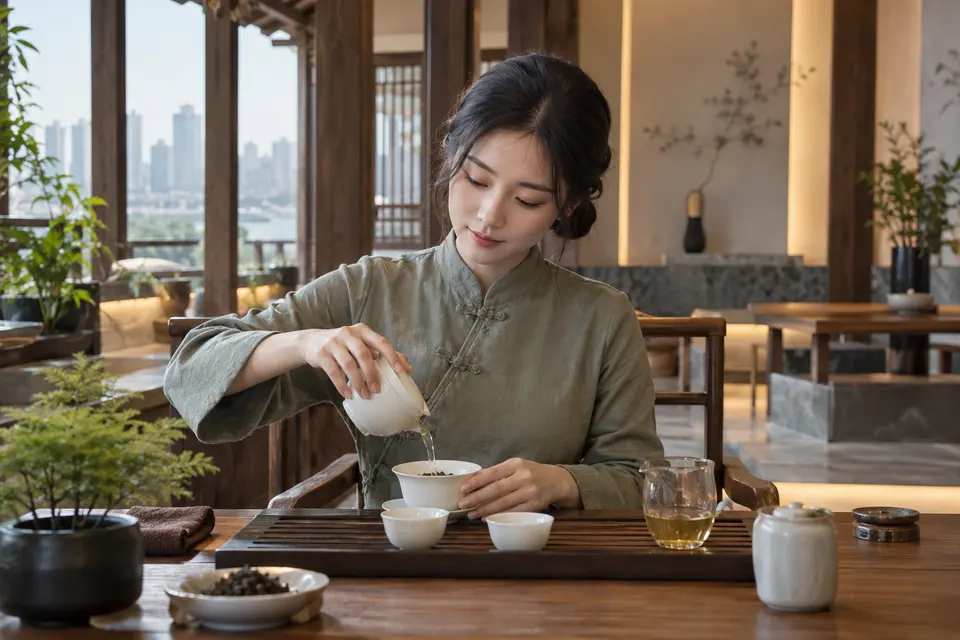 新中式茶席上，年轻女性用盖碗冲泡茶叶
