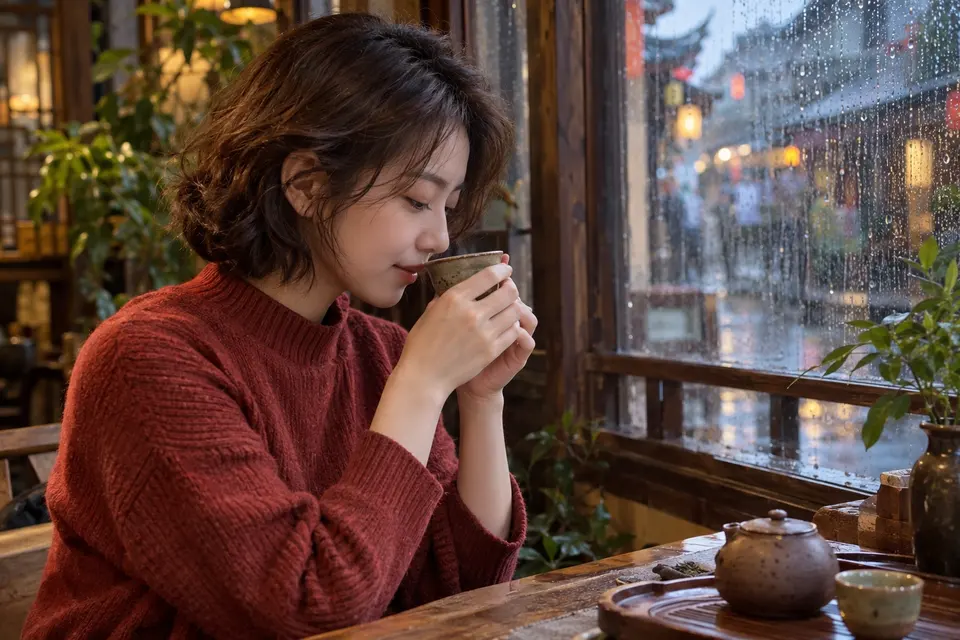 雨天窗边，陶杯中盛着热茶，旁边有人闻香