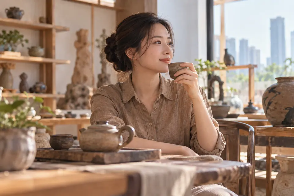 陶艺茶器工作室里，年轻女性端详茶杯