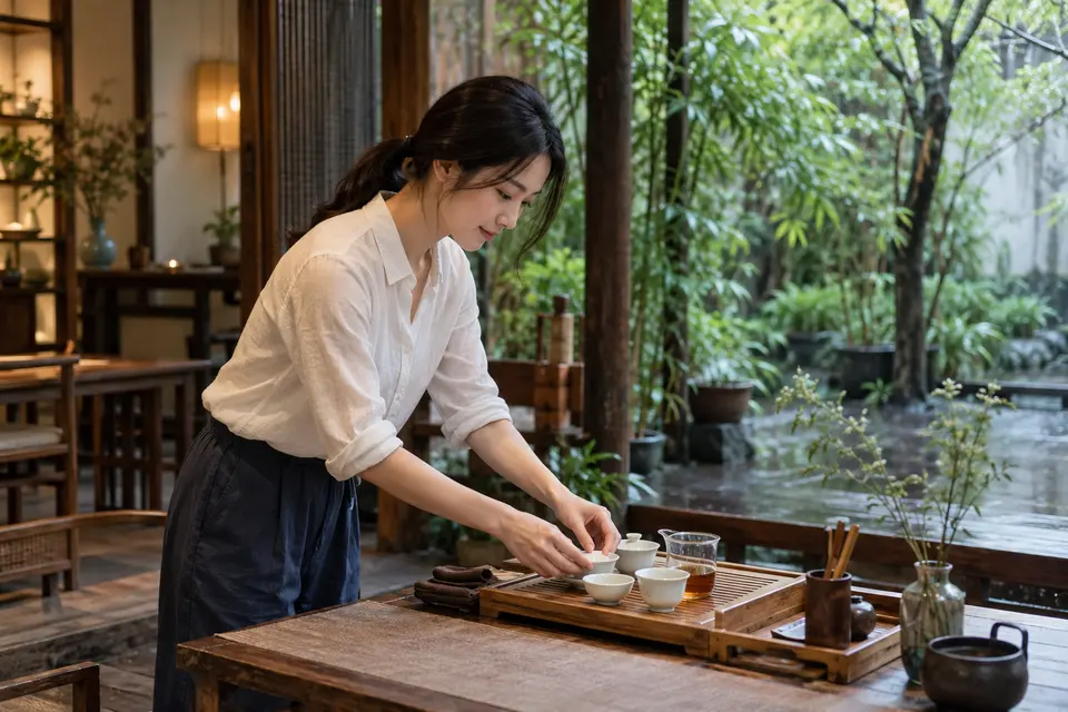 庭院中的茶席布置，盖碗与竹制茶具