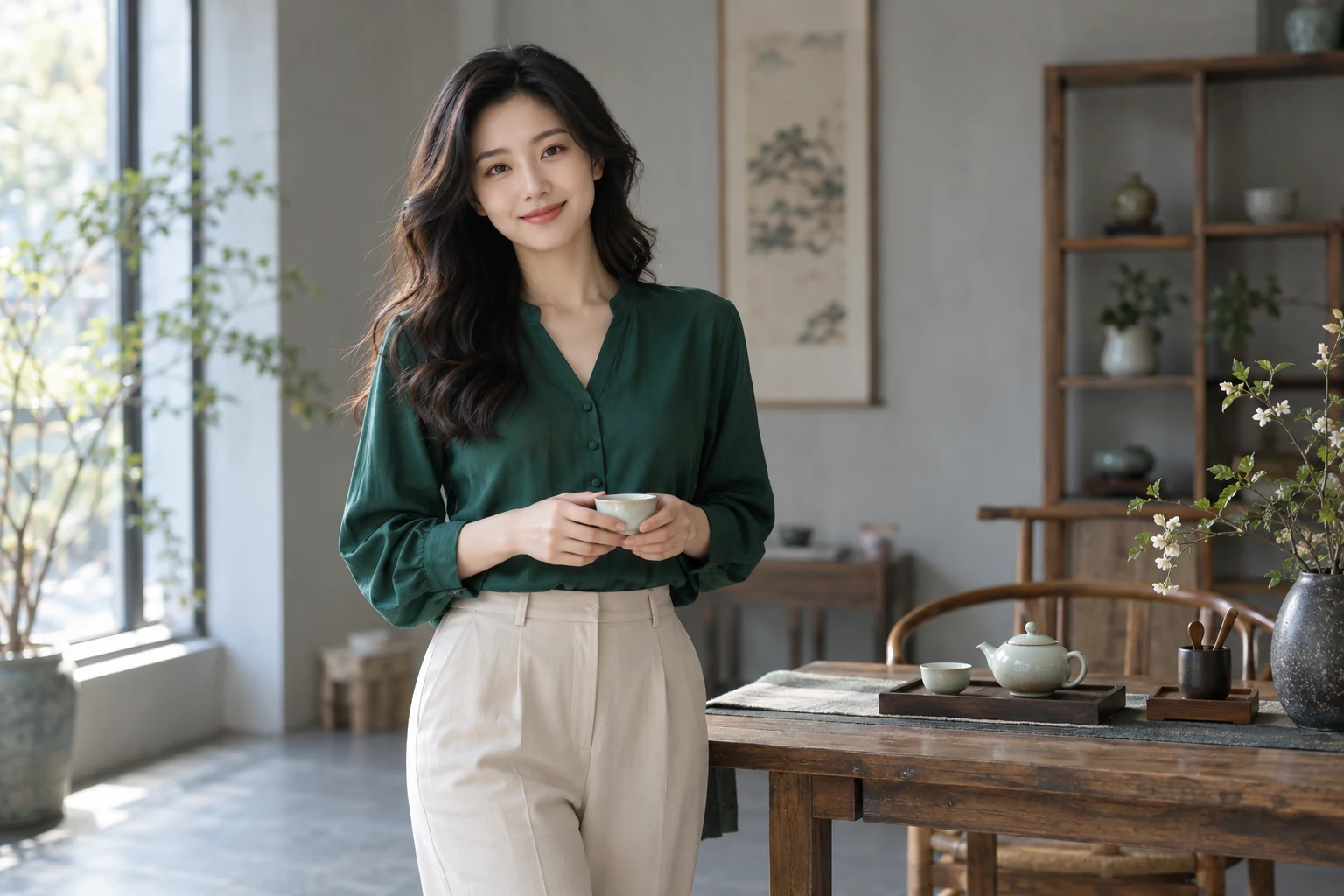 现代茶室中，一位年轻女性站立在茶席旁